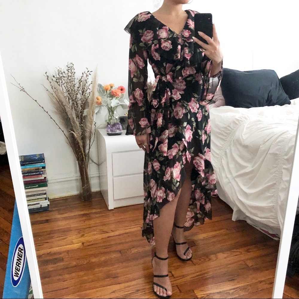 NWT Beaded Floral Chiffon Hi-Low Ruffle Wrap Dress